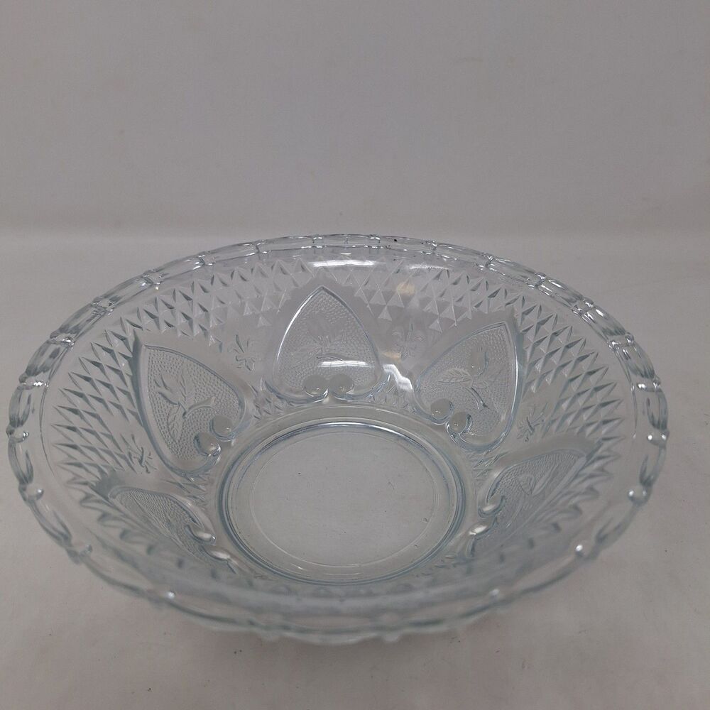 Vintage KIG Malaysia Pressed Glass Candy Dish Spade Leaf Pattern Clear Bowl